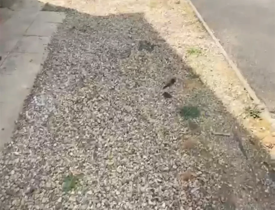 Worn gravel driveway area before block paving installation, on-street view