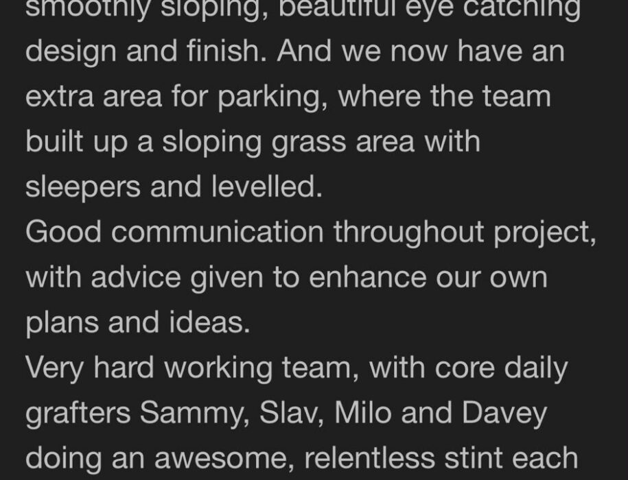 Five-star Google review describing DriveScape's transformation of a crumbling, uneven driveway into a smooth block paving design
