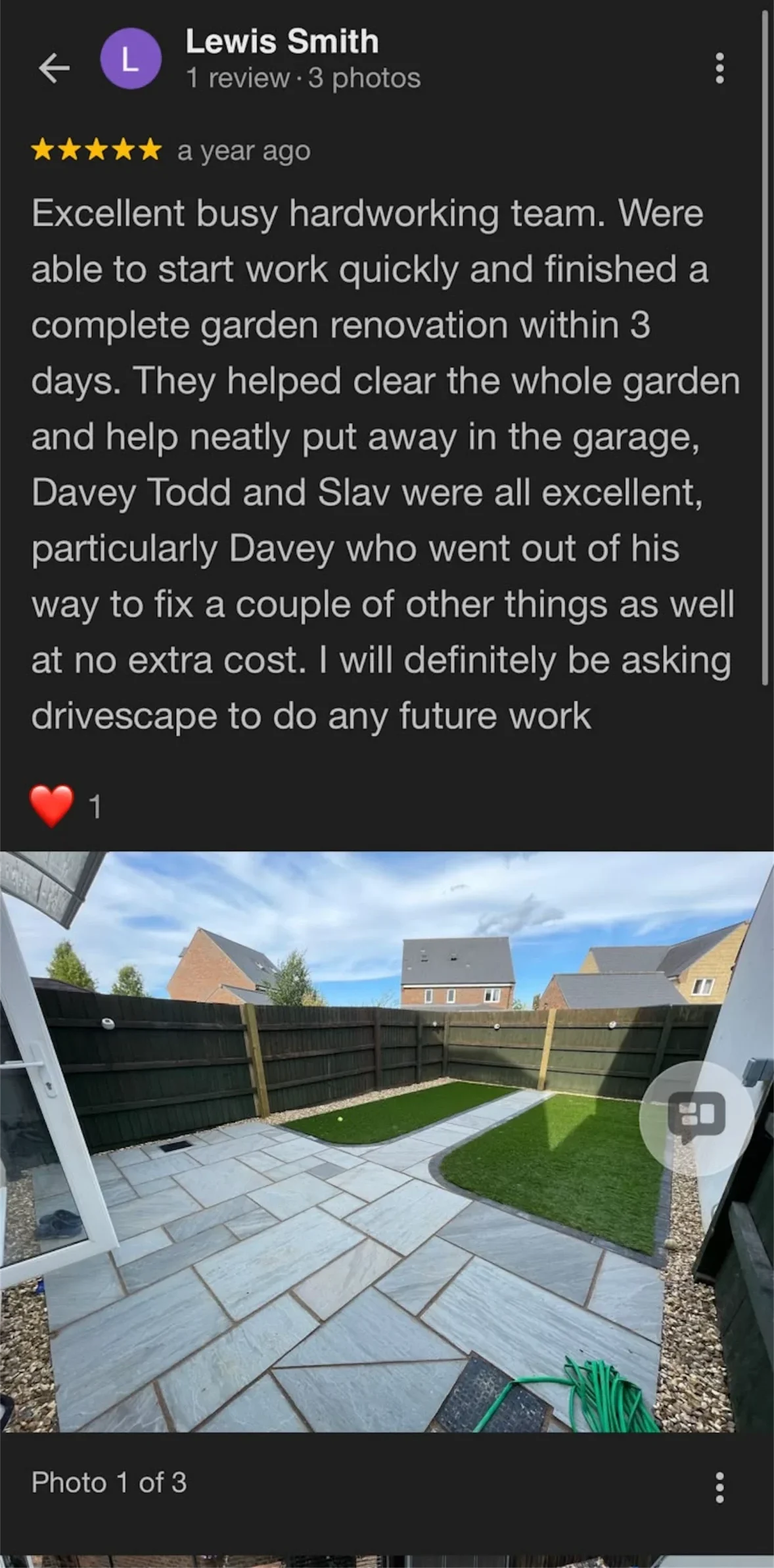 Five-star Google review praising DriveScape Ltd's garden renovation, alongside a photo of a paved patio path leading between two artificial lawns
